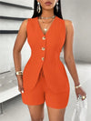 Fashion Casual Shorts Set 2-piece Women's Comfortable Casual Solid Color Button Sleeveless Vest Lace Up Shorts Set