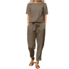 Women's Cotton Linen Suit Summer Matching Suit Half-sleeved Round Neck Tie Elastic Waist Trousers Wide-leg Pants Retro Suit