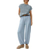 Spring Solid Color Pants Sets Women Fashion Sporty Style Short Sleeves Tops High Waist Trousers Two Piece Set Female Streetwear
