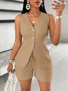 Fashion Casual Shorts Set 2-piece Women's Comfortable Casual Solid Color Button Sleeveless Vest Lace Up Shorts Set
