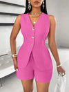 Fashion Casual Shorts Set 2-piece Women's Comfortable Casual Solid Color Button Sleeveless Vest Lace Up Shorts Set