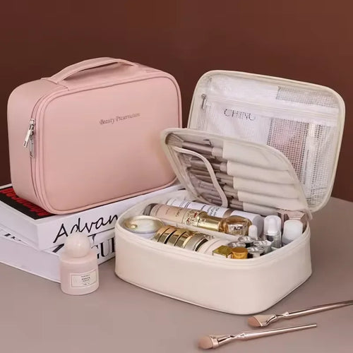 Neceser de maquillaje para mujer, bolsa de cosméticos de doble capa, organizador de cosméticos de lujo de gran capacidad, artículos esenciales de viaje, neceser de mujer