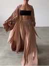 Lazy Style Women Set Solid Chiffon Shirt Wipe Chest Wide Leg Pants 3ps Elegant Women Pants Set Plus Size Woman Clothes Outfits