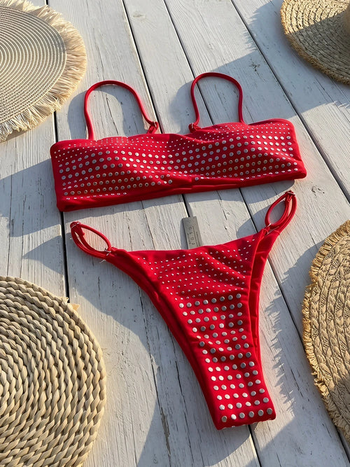 Bikini de diamantes sexy para mujer 2026, traje de baño tipo bandeau, biquini push-up, ropa de baño brillante para mujer, traje de cuerpo completo, ropa de playa