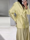 Women's Elegant Coat Pant Sets Full Sleeve V Lace Top Wide Leg Pants Female Suits 2026 Spring Summer Solid Satin Lady Set