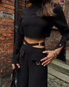 Solid Color Pants Set Crossover Two Piece Set with High Collar Long sleeves  Solid Women  Wide Leg Pants Suit Office Clothing