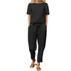 Women's Cotton Linen Suit Summer Matching Suit Half-sleeved Round Neck Tie Elastic Waist Trousers Wide-leg Pants Retro Suit