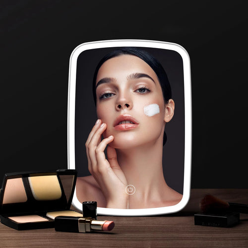 Espejo de Maquillaje LED con Soporte, Plegable, Compacto, Cuadrado, de Viaje, Cosmético, Portátil, Iluminado, con Pantalla Táctil, de Mesa