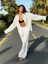 2025 New Casual Cotton Shirt Pants Suit Lapel Single Breasted Loose Long-sleeved Shirt+Wide-leg Pants Casual Sets Women Clothing
