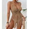 Beach Women's Crochet Knitting Sexy Bandages Swimwear Hollow-out Long Tassel Bikini Cover up Summer Vacation Top Bathing Suit