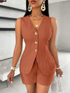 Fashion Casual Shorts Set 2-piece Women's Comfortable Casual Solid Color Button Sleeveless Vest Lace Up Shorts Set