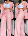 Pants Sets Two Piece Women Cardigan Blazer Button Turn Down Collar Coat Wide Leg Pants Pockets Solid Elegant Suit Office Lady