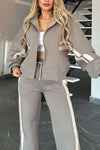 Two Piece Set Women Fashion Striped Print Lapel Zipper Coat High Waist Pants Outfit Autumn Winter Long Sleeve Suit Tracksuit