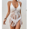 Beach Women's Crochet Knitting Sexy Bandages Swimwear Hollow-out Long Tassel Bikini Cover up Summer Vacation Top Bathing Suit
