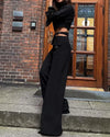 Solid Color Pants Set Crossover Two Piece Set with High Collar Long sleeves  Solid Women  Wide Leg Pants Suit Office Clothing