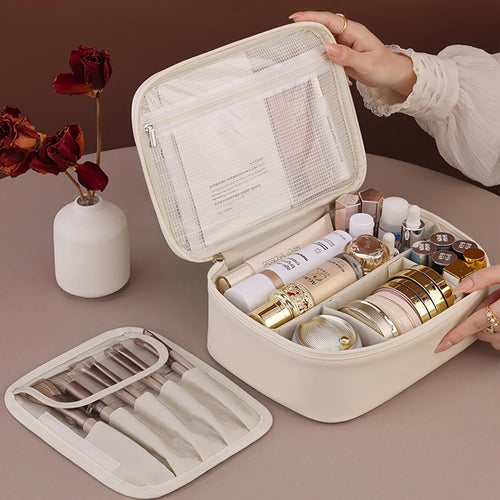 Bolsa de maquillaje de doble capa de cuero de PU, neceseres de cosméticos de gran capacidad, organizador de cosméticos de lujo, artículos esenciales de viaje para mujer