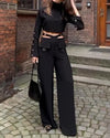Solid Color Pants Set Crossover Two Piece Set with High Collar Long sleeves  Solid Women  Wide Leg Pants Suit Office Clothing