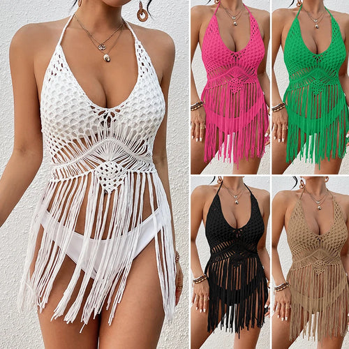 Traje de baño de ganchillo para mujer, con vendajes sexy, ahuecado, borlas largas, bikini, cobertura, top de verano para vacaciones.