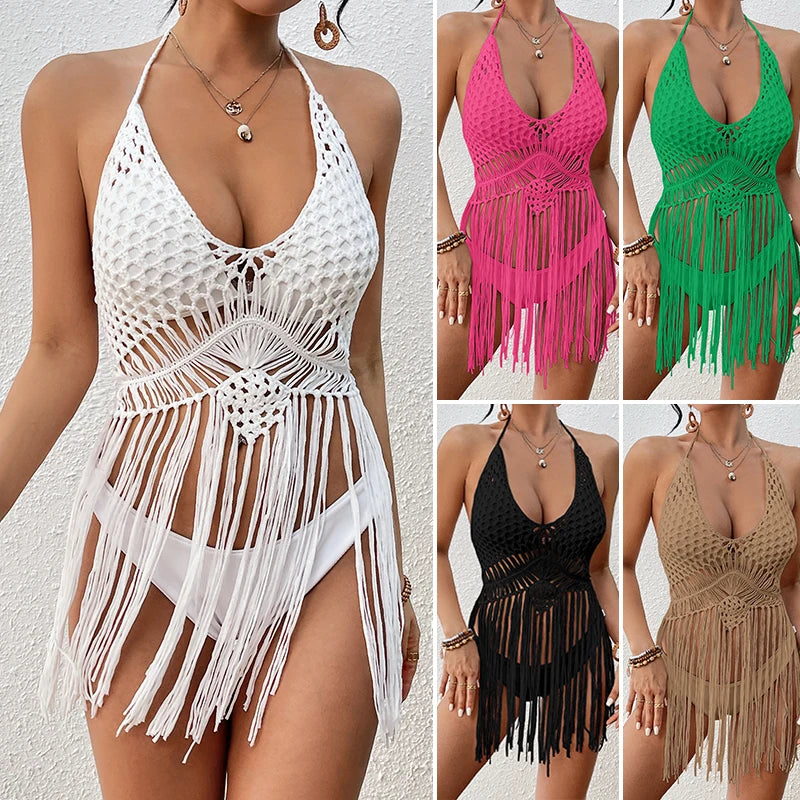 Beach Women's Crochet Knitting Sexy Bandages Swimwear Hollow-out Long Tassel Bikini Cover up Summer Vacation Top Bathing Suit