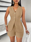 Fashion Casual Shorts Set 2-piece Women's Comfortable Casual Solid Color Button Sleeveless Vest Lace Up Shorts Set
