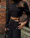 Solid Color Pants Set Crossover Two Piece Set with High Collar Long sleeves  Solid Women  Wide Leg Pants Suit Office Clothing