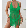 Beach Women's Crochet Knitting Sexy Bandages Swimwear Hollow-out Long Tassel Bikini Cover up Summer Vacation Top Bathing Suit
