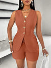 Fashion Casual Shorts Set 2-piece Women's Comfortable Casual Solid Color Button Sleeveless Vest Lace Up Shorts Set