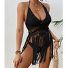 Beach Women's Crochet Knitting Sexy Bandages Swimwear Hollow-out Long Tassel Bikini Cover up Summer Vacation Top Bathing Suit