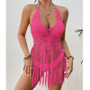 Beach Women's Crochet Knitting Sexy Bandages Swimwear Hollow-out Long Tassel Bikini Cover up Summer Vacation Top Bathing Suit