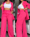 Pants Sets Two Piece Women Cardigan Blazer Button Turn Down Collar Coat Wide Leg Pants Pockets Solid Elegant Suit Office Lady
