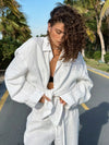 2025 New Casual Cotton Shirt Pants Suit Lapel Single Breasted Loose Long-sleeved Shirt+Wide-leg Pants Casual Sets Women Clothing