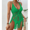 Beach Women's Crochet Knitting Sexy Bandages Swimwear Hollow-out Long Tassel Bikini Cover up Summer Vacation Top Bathing Suit