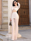 Women Luxury Sexy Long Sleeve Mesh Black Beige Two Piece Pants Set 2024 Celebrity Designer Fashion Women's Set