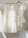 Summer New High-end Chiffon Shirt V-neck Slimming Blouses Pleated Skirts A-line Midi Skirt Set White Two Piece Set Women Outfits