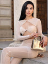 Women Luxury Sexy Long Sleeve Mesh Black Beige Two Piece Pants Set 2024 Celebrity Designer Fashion Women's Set