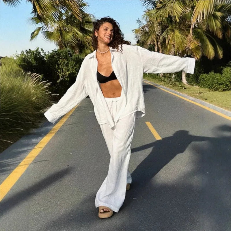 2025 New Casual Cotton Shirt Pants Suit Lapel Single Breasted Loose Long-sleeved Shirt+Wide-leg Pants Casual Sets Women Clothing