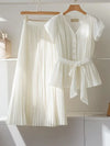 Summer New High-end Chiffon Shirt V-neck Slimming Blouses Pleated Skirts A-line Midi Skirt Set White Two Piece Set Women Outfits
