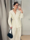 Women's Elegant Coat Pant Sets Full Sleeve V Lace Top Wide Leg Pants Female Suits 2026 Spring Summer Solid Satin Lady Set