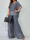 Women's Autumn New Chiffon Round Neck Half-sleeved Short-sleeved Fashion Sequined Patchwork Trousers Lady Casual Two-piece Set