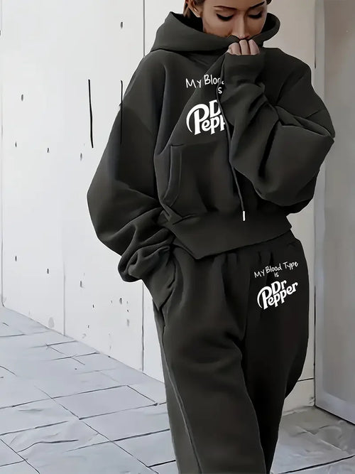 Moda de invierno para mujer: sudadera con capucha y pantalón de chándal largo, estampado "My Blood Type is Dr Pepper", holgado, de dos piezas, de felpa suave
