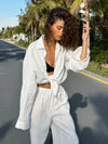 2025 New Casual Cotton Shirt Pants Suit Lapel Single Breasted Loose Long-sleeved Shirt+Wide-leg Pants Casual Sets Women Clothing