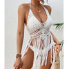 Beach Women's Crochet Knitting Sexy Bandages Swimwear Hollow-out Long Tassel Bikini Cover up Summer Vacation Top Bathing Suit