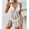 Beach Women's Crochet Knitting Sexy Bandages Swimwear Hollow-out Long Tassel Bikini Cover up Summer Vacation Top Bathing Suit