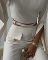 Solid Color Pants Set Crossover Two Piece Set with High Collar Long sleeves  Solid Women  Wide Leg Pants Suit Office Clothing