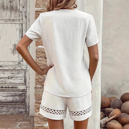 Conjunto de moda para mujer casual sólido con cuello en V de manga corta + pantalones cortos de cintura alta, conjunto de dos piezas para mujer, verano, oficina, mujer 2025