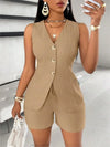 Fashion Casual Shorts Set 2-piece Women's Comfortable Casual Solid Color Button Sleeveless Vest Lace Up Shorts Set