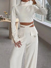 Solid Color Pants Set Crossover Two Piece Set with High Collar Long sleeves  Solid Women  Wide Leg Pants Suit Office Clothing